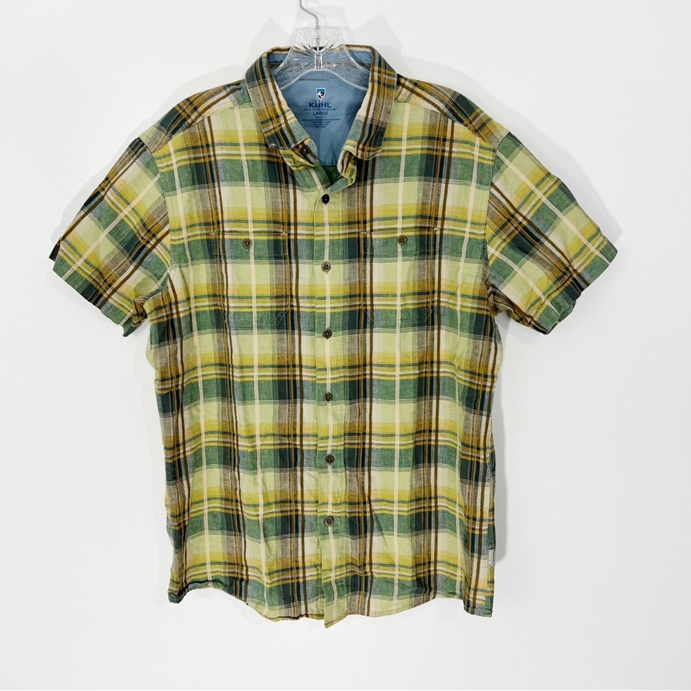 Kuhl Skorpio Linen Plaid Shirt Buttondown Short Sleeves Green Yellow